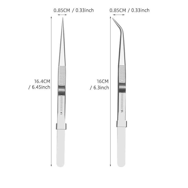 2 Pcs Set 6" Durable Stainless Steel Tweezer Set: Rust-resistant, HighMade of stainless steel, resistant to rust and corrosionHighly elastic design, suitable for various sizesAnti-static treatment to prevent static interferenceFeatures