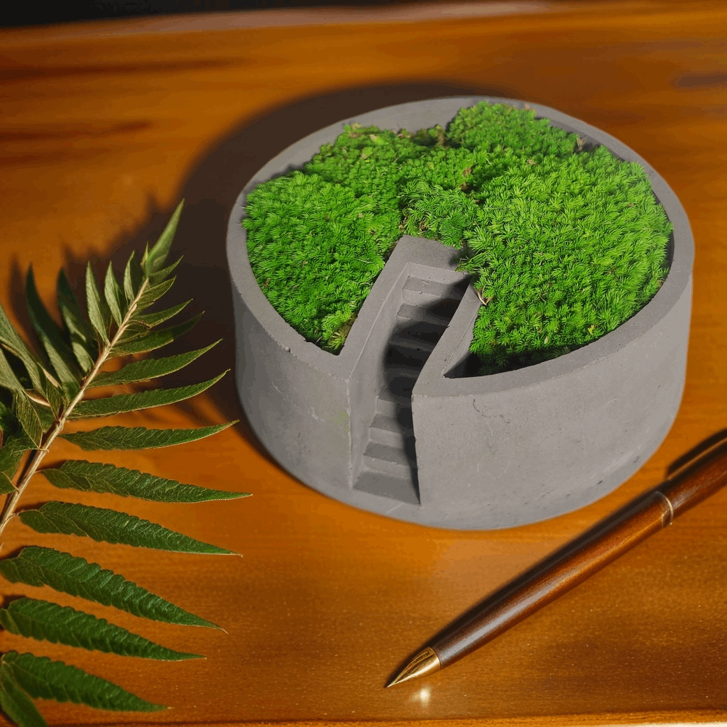 Circular Cement Moss Decor – Handcrafted Desktop Oasis