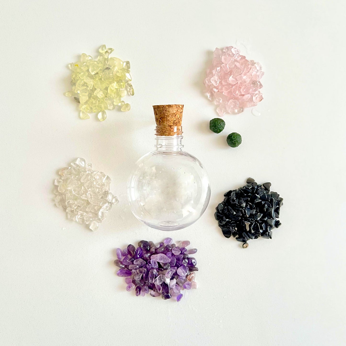 50ml Round Plastic Bottle with 2 Live Marimo Moss Balls | Choose from 5 Crystal Options