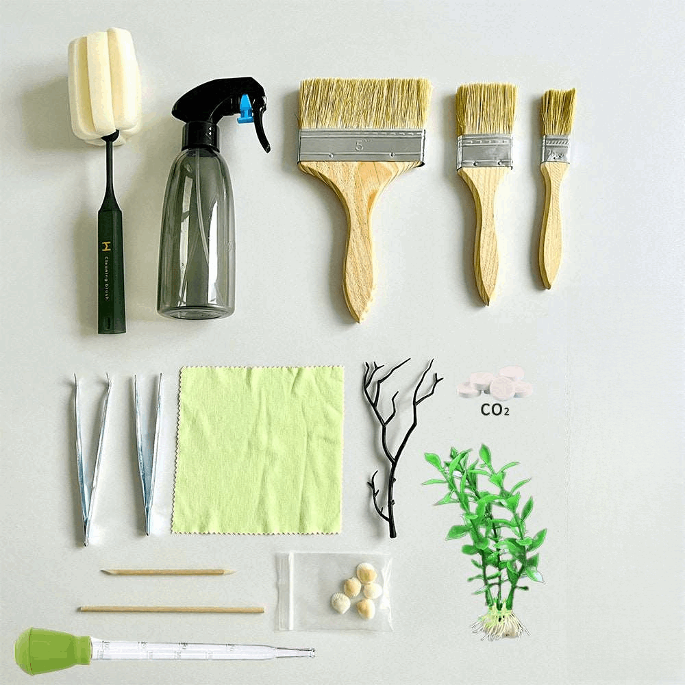 16 in 1 Aquarium Aquascape Tools Kit Professional with Storage Cup CO2 Seashell Cleaning Brush Cloth Wooden Stick Tweezers Plastic Plants for Aquarium Tank Fish Tank