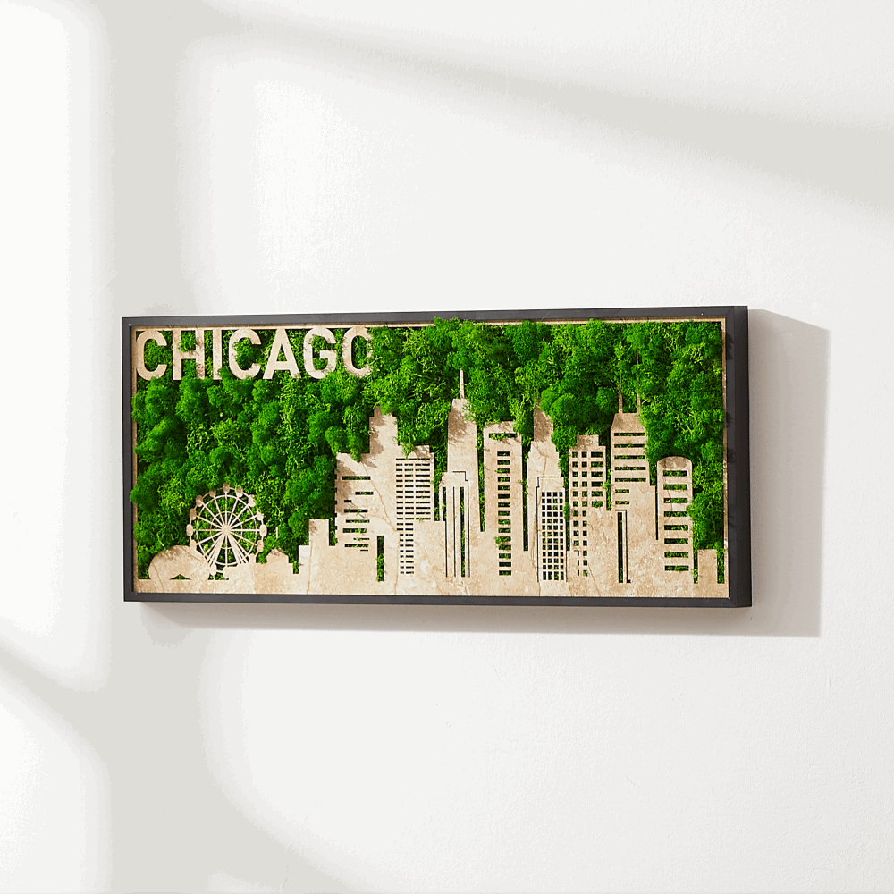 Chicago Moss City Silhouette Metal Wall Art – Urban Elegance Meets Natural Charm
