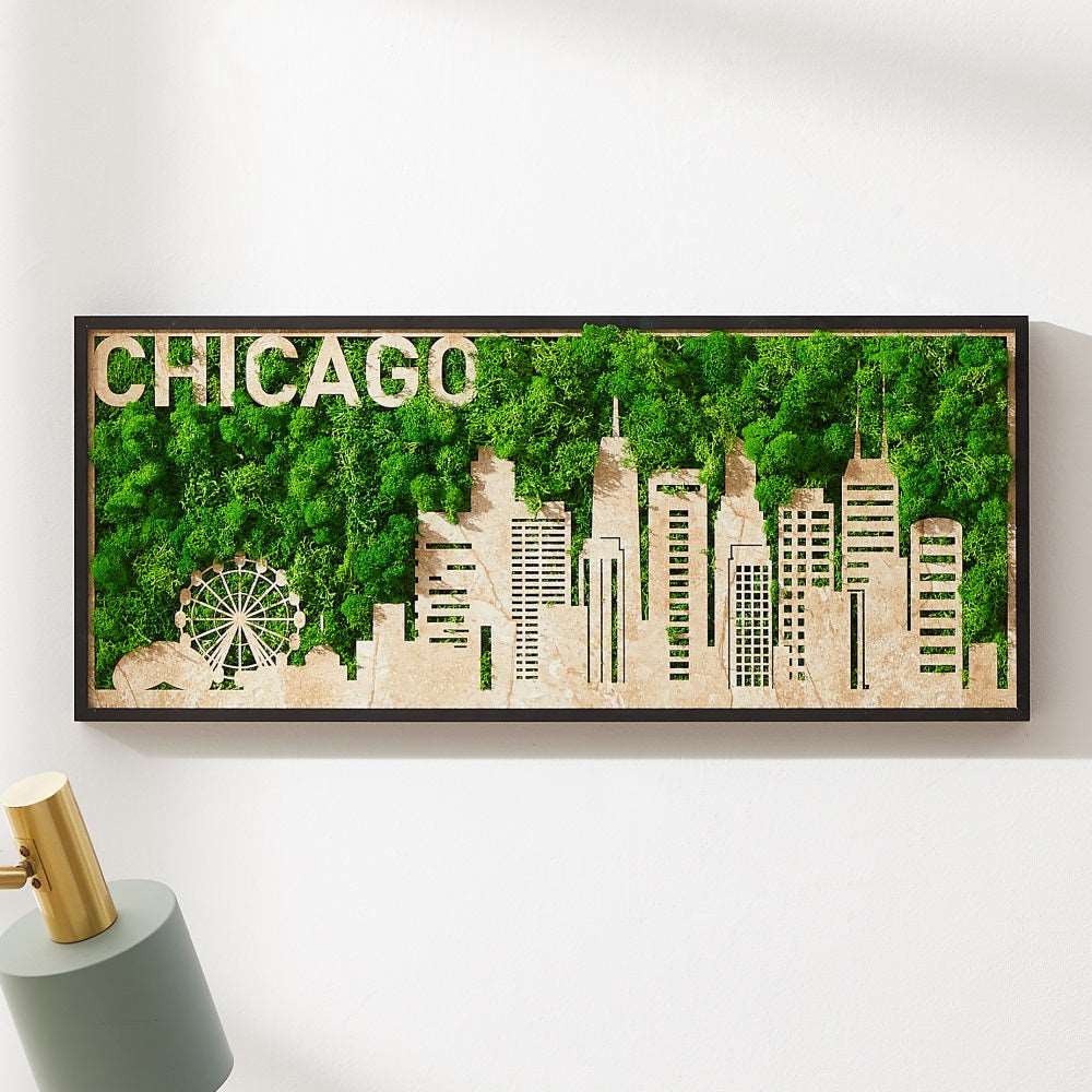 Chicago Moss City Silhouette Metal Wall Art – Urban Elegance Meets Natural Charm