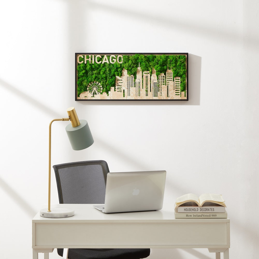 Chicago Moss City Silhouette Metal Wall Art – Urban Elegance Meets Natural Charm - Moss Artistry