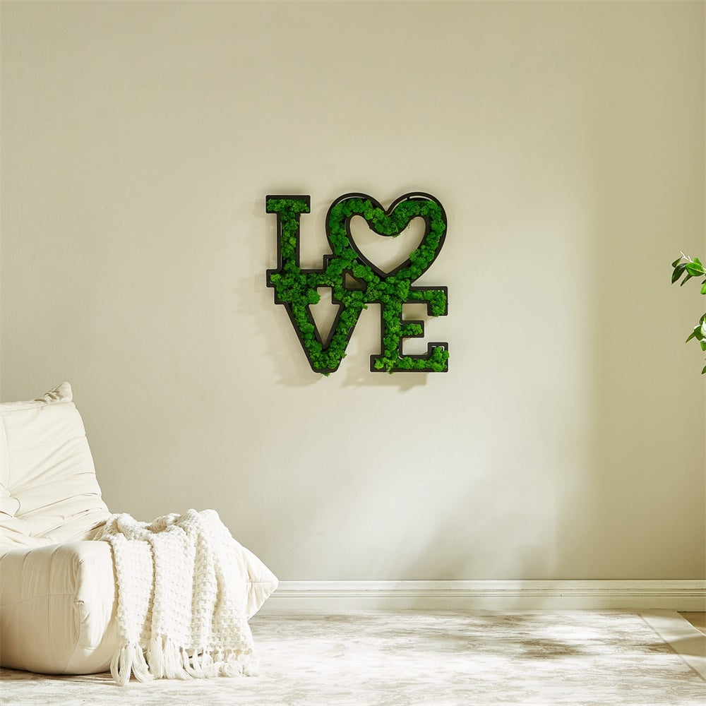 "LOVE" Preserved Moss Wall Art with Wrought Iron FrameOur "LOVE" Moss Wall Decoration is a heartfelt statement piece, meticulously crafted to bring a warm and eco-conscious aesthetic to your space. The lush preserved mo