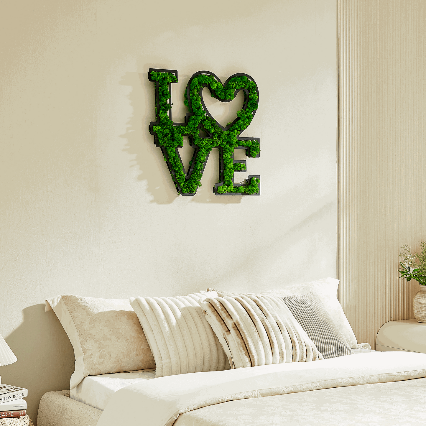 "LOVE" Preserved Moss Wall Art with Wrought Iron FrameOur "LOVE" Moss Wall Decoration is a heartfelt statement piece, meticulously crafted to bring a warm and eco-conscious aesthetic to your space. The lush preserved mo