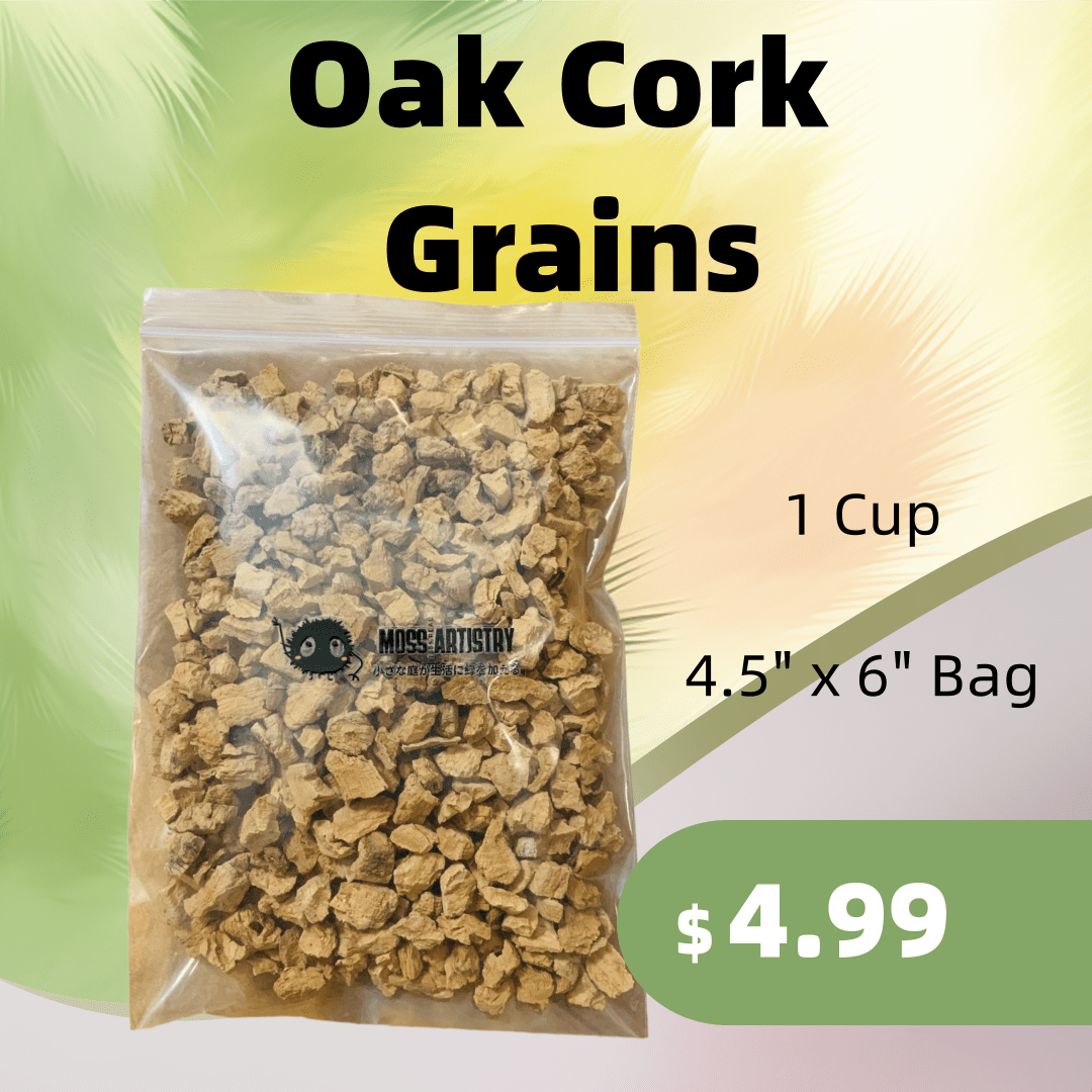1 Cup FSC Certified Natural Oak Cork Grains for Handcraft Glass Terrar1 Cup Crafted from the bark of the majestic Cork Oak tree, carefully aged, selected, steamed, crushed, abraded, and meticulously screened, Cork Grains embody the ess