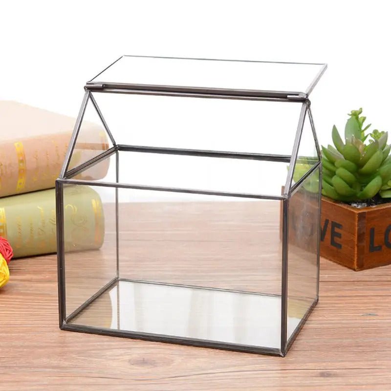 Small 6.1"x6.3"x4.33" Black House Shape Glass Terrarium with Swing Lid


Material
Glass


Special Feature
with lid


Item Weight
1.68 Pounds


Shape
house shape


Specific Uses For Product
Indoor


Style
geometric


Color
Black




Hou