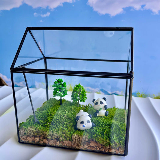 Handmade Panda Pals Glass Terrarium - Miniature Wildlife Scene and TraBrighten up your desk with the "Panda Pals" Mini Micro Landscape Lawn, where the serene charm of nature meets the playful spirit of wildlife. This captivating Handma
