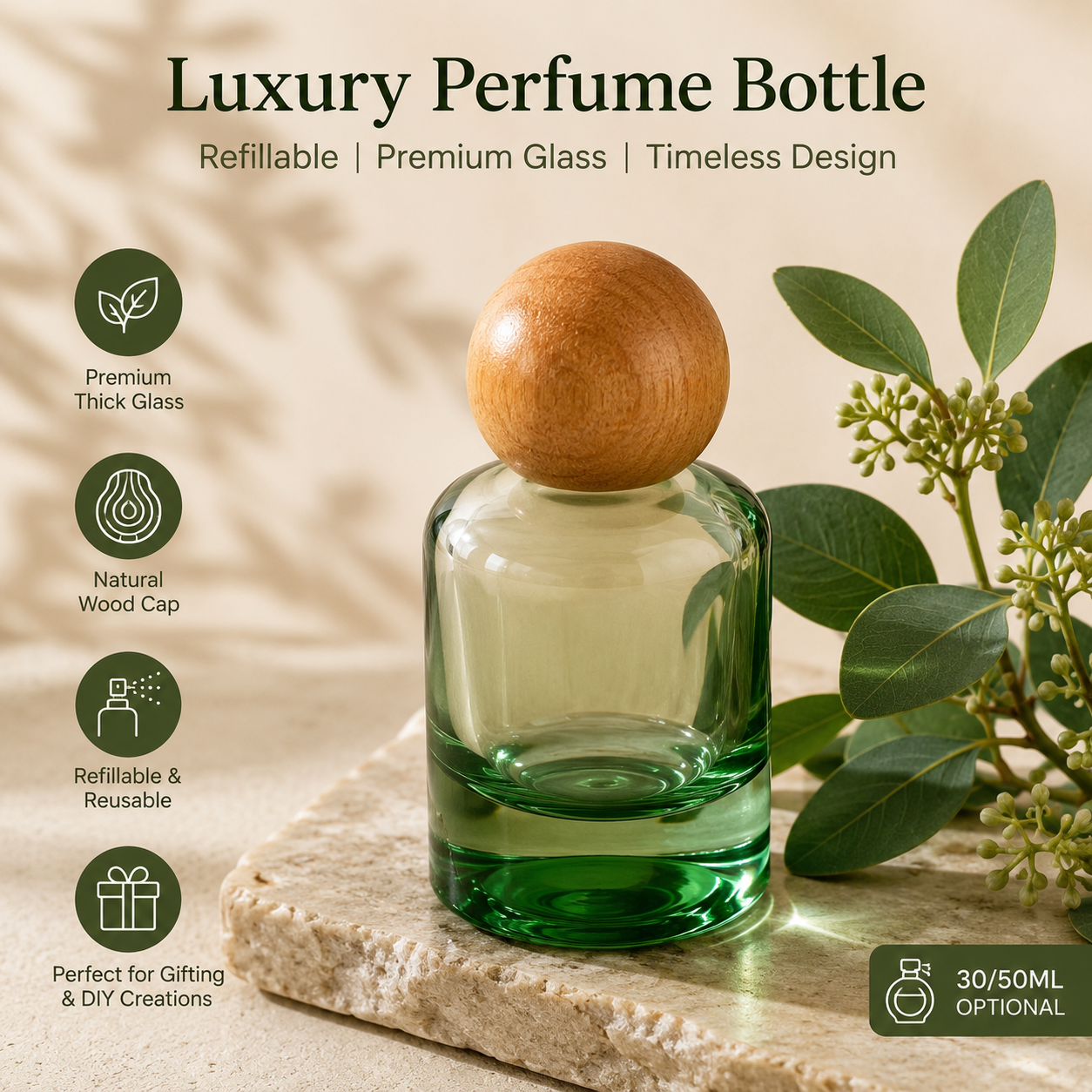 50ml Volcano Glass Spray Bottle Perfume Bottle with Wooden Cap & Gold Spray Pump