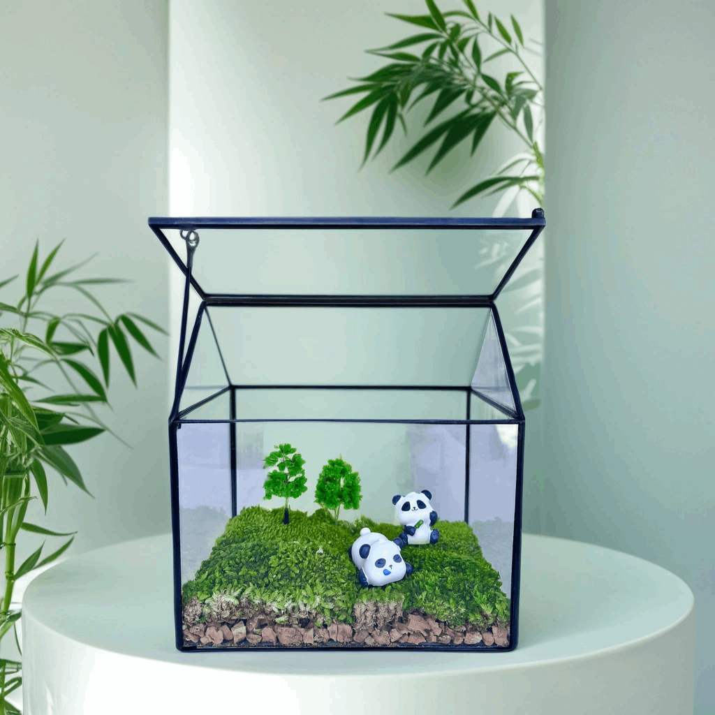 Handmade Panda Pals Glass Terrarium - Miniature Wildlife Scene and TraBrighten up your desk with the "Panda Pals" Mini Micro Landscape Lawn, where the serene charm of nature meets the playful spirit of wildlife. This captivating Handma