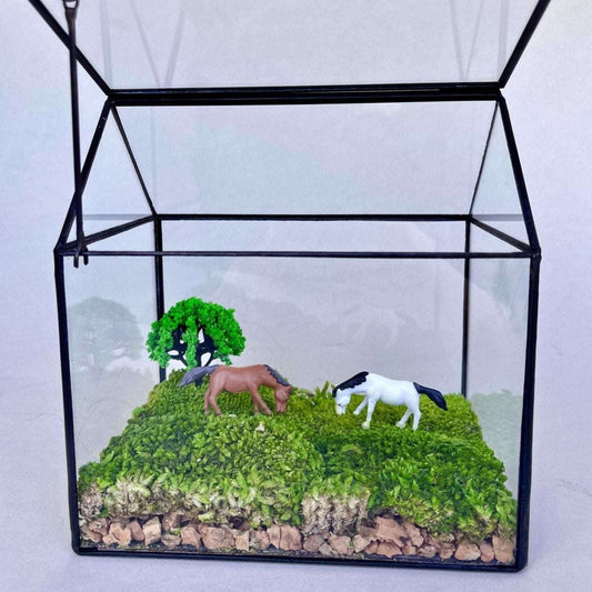 Tranquil Pasture Handmade Glass Terrarium - Miniature Equestrian LandsIntroduce a serene and picturesque scene to your workspace with our "Tranquil Pasture" Handmade Glass Terrarium - a Miniature Equestrian Landscape. This enchanting w